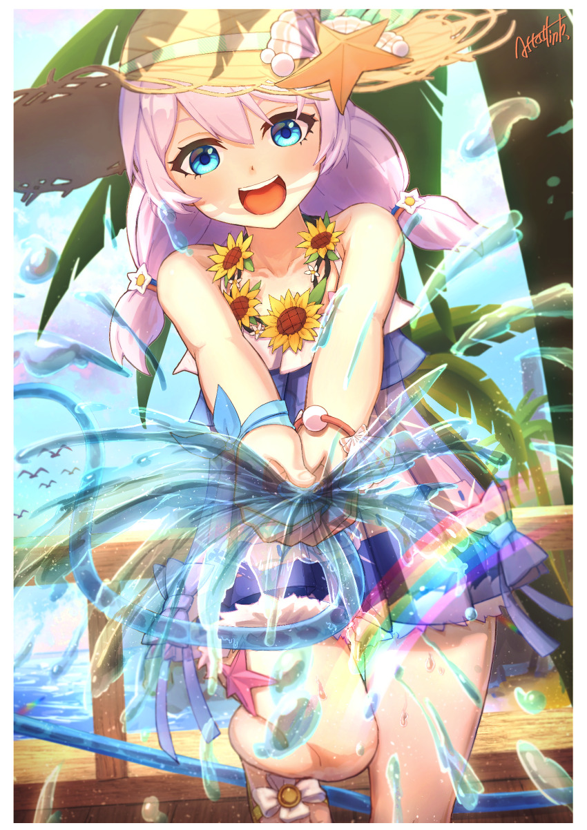 artist_name astartlink bare_legs bare_shoulders blue_eyes blue_sky breasts collarbone denim denim_shorts dress flower hair_between_eyes hat highres holding holding_hose honkai_(series) honkai_impact_3rd hose jewelry leg_up medium_hair necklace ocean open_mouth outdoors sandals see-through_clothes see-through_dress shorts sky small_breasts smile straw_hat summer sundress sunflower teeth theresa_apocalypse theresa_apocalypse_(shallow_sunset) theresa_apocalypse_(valkyrie_pledge) twintails white_hair