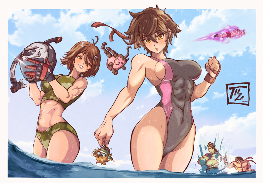 3boys absurdres antenna_hair aura bikini black_gloves blanka-chan breasts brown_eyes brown_hair camouflage capcom character_request commentary competition_swimsuit covered_abs covered_navel crossed_arms english_commentary fingerless_gloves flying gloves hair_ornament hamza_touijri headband unworn_headwear heart heart_print helmet unworn_helmet highres incredibly_absurdres justice_gakuen kasugano_sakura kazama_akira kazama_daigo m._bison medium_breasts multiple_boys muscular muscular_male narrow_waist navel ocean one-piece_swimsuit print_swimsuit red_headband ryu_(street_fighter) scuba_gear sideboob single_fingerless_glove skull_hair_ornament street_fighter street_fighter_v summer swimsuit tankini topless_male wading wet wet_hair