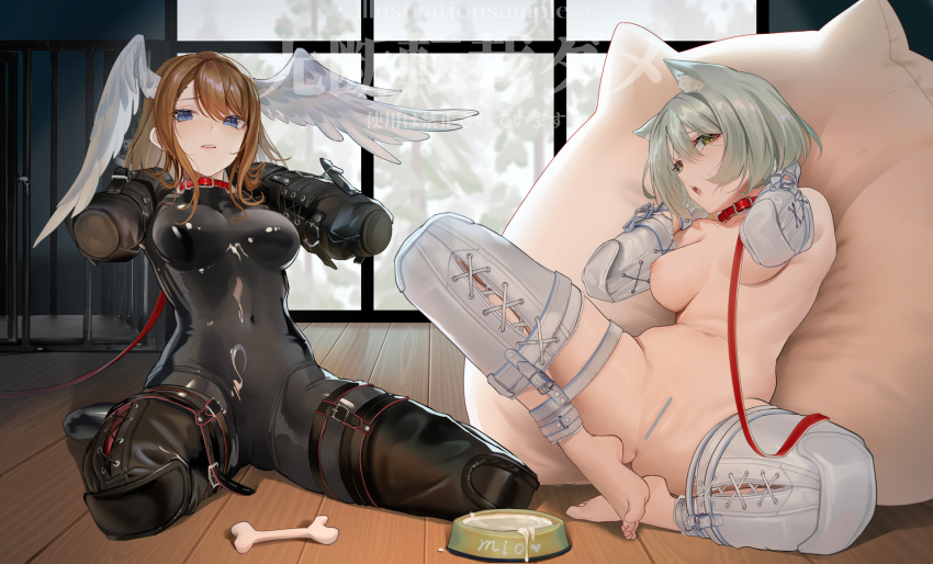 2girls animal_collar animal_ears bar_censor barefoot bdsm belt black_bodysuit blue_eyes bodysuit bondage bondage_outfit bone bound bowl breasts brown_hair cage cat_ears cat_girl censored character_name collar commentary_request covered_navel cum cum_in_bowl cum_in_container eunie_(xenoblade) fh_moya full_body grey_hair hair_between_eyes head_wings heart highres human_dog indoors leash long_hair medium_breasts medium_hair mio_(xenoblade) multiple_girls nipples nude open_mouth pet_bowl pet_play pillow pussy restrained sitting skin_tight slave translation_request wariza watermark wings xenoblade_chronicles_(series) xenoblade_chronicles_3