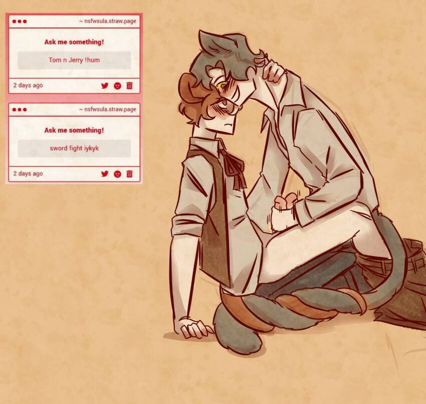 2boys bottomless clothes_pull handjob highres multiple_boys non-web_source pants pants_pull penis penises_touching size_difference thox tom_and_jerry warner_bros. yaoi