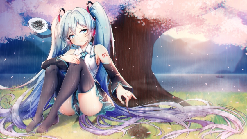 1girl :t absurdly_long_hair aqua_eyes aqua_hair aqua_necktie arm_rest arm_tattoo bad_id bad_pixiv_id bare_shoulders between_legs black_skirt black_thighhighs blue_hair branch cherry_blossoms closed_mouth detached_sleeves glowing gradient_hair grass hair_between_eyes hair_ornament hand_on_own_knee hatsune_miku hatsune_miku_(vocaloid4)_(chinese) headphones headset holding holding_branch knees_up lake long_hair looking_away miniskirt mountainous_horizon multicolored_hair nail_polish nature necktie no_shoes on_ground outdoors petals pleated_skirt pouch purple_hair rain see-through_clothes shirt sideways_glance sitting skindentation skirt solo spoken_squiggle squiggle tattoo thighhighs toggles tree twintails under_tree very_long_hair vocaloid white_shirt yuri_to_hizakura