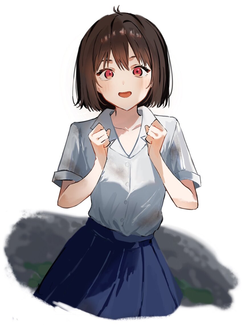 :d antenna_hair black_hair bob_cut dirty excited hair_between_eyes hands_up highres looking_at_viewer open_mouth osanai_yuki pleated_skirt red_eyes shirt short_hair shoushimin_series simple_background skirt smile solo white_shirt yuuhi_mari