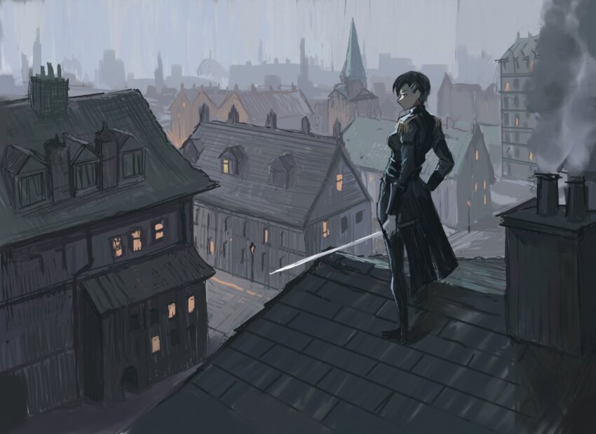 1girl architecture arm_at_side armband black_armband black_boots black_corset black_hair black_pants black_shirt black_sleeve_cuffs boots breasts building chimney city cityscape coattails collared_shirt commentary corset drawpile_(medium) english_commentary epaulettes fog from_side gloves hair_ornament hairclip hairpin half-closed_eyes hand_on_own_hip holding holding_sword holding_weapon horizon legs_apart long_sleeves looking_afar medium_breasts military_uniform multiple_hairpins no_mouth on_rooftop original pants profile road rooftop shirt short_hair sketch smog smoke solo standing street sword tile_roof v-shaped_eyebrows vertigris weapon white_gloves