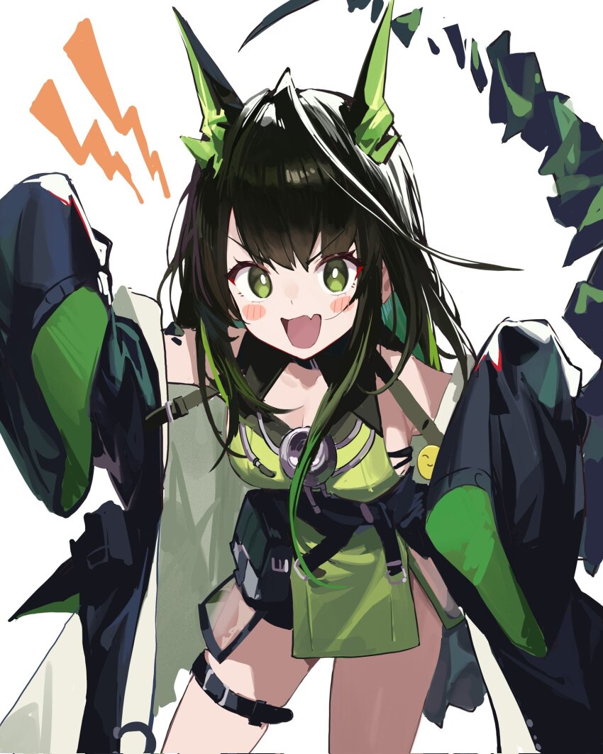 1girl :d arknights bare_shoulders black_hair blush breasts bright_pupils cleavage coat colored_inner_hair dress emoji fang gao green_dress green_eyes green_hair highres looking_at_viewer material_growth medium_breasts mon3tr_(arknights) multicolored_hair open_clothes open_coat open_mouth oripathy_lesion_(arknights) personification pouch sideboob simple_background skin_fang sleeves_past_fingers sleeves_past_wrists smile solo streaked_hair suye thigh_strap white_background white_pupils