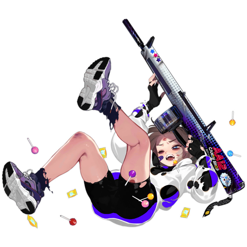 1girl aa-12 aa-12_(candy_wrapper_story)_(girls&#039;_frontline) aa-12_(girls&#039;_frontline) aged_down ahoge ammunition automatic_shotgun bags_under_eyes bandaid bandaid_on_face bike_shorts black_gloves black_shirt black_shorts black_socks blue_eyes blush bruise bruise_on_face bruise_on_knee candy combat_shotgun drum_magazine english_text fallen_down fingerless_gloves food full_body girls&#039;_frontline gloves gun gun_decal high-capacity_magazine highres holding holding_gun holding_weapon hood hood_down hoodie injury legs_up light_brown_hair lollipop long_sleeves lying magazine_(weapon) medium_hair official_alternate_costume official_art on_back one_eye_closed open_mouth purple_shoes see-through_clothes shirt shoe_soles shoes shorts shotgun shotgun_shell silverwing simple_background sneakers socks solo star_(symbol) striped_clothes striped_socks teeth third-party_source torn_clothes torn_hoodie torn_shorts torn_socks translucent transparent_background turtleneck turtleneck_shirt two-sided_hoodie v-shaped_eyebrows vertical-striped_clothes vertical-striped_socks weapon white_hoodie wrapped_candy
