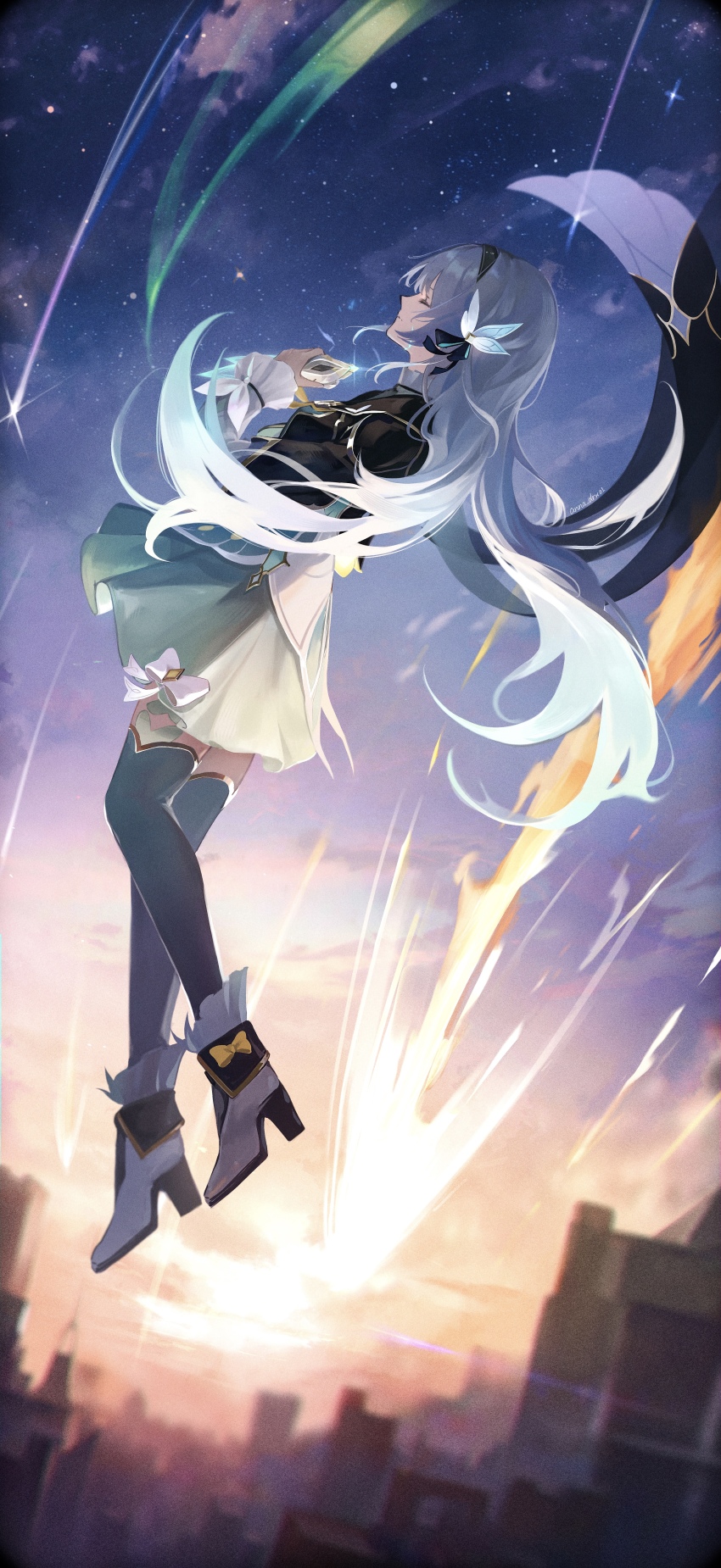 1girl absurdres anna_(drw01) black_hairband black_jacket black_thighhighs closed_eyes comet dawn fire firefly_(honkai:_star_rail) floating_hair full_body grey_hair hair_ornament hairband highres honkai:_star_rail honkai_(series) jacket long_hair long_sleeves scenery shirt sidelocks solo thighhighs town white_footwear white_shirt