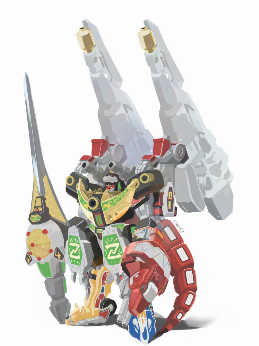 armor cannon exocet_(exocet4) full_body gattai goryujin highres holding holding_sword holding_weapon horns kyouryuu_sentai_zyuranger machine mecha no_humans red_eyes robot shoulder_cannon solo standing super_robot super_sentai sword tokusatsu weapon