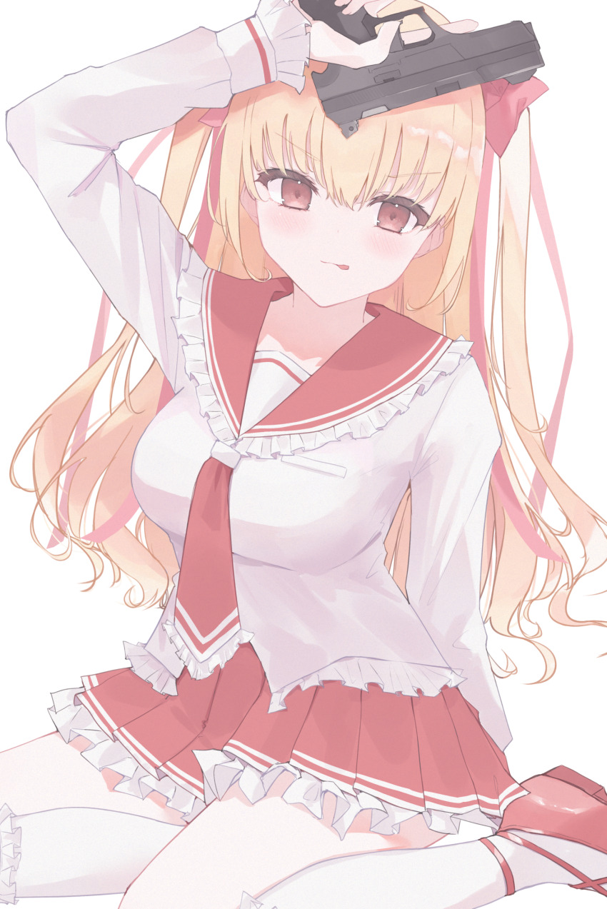 arm_up ascot blonde_hair blush breasts collar frilled_collar frilled_skirt frilled_sleeves frilled_socks frills fujina_(fujina31q) gun hair_ribbon handgun hidan_no_aria highres holding holding_gun holding_weapon large_breasts long_hair long_sleeves looking_at_viewer mine_riko pleated_skirt red_ascot red_eyes red_footwear red_skirt ribbon sailor_collar school_uniform shirt sidelocks simple_background sitting skirt socks tongue tongue_out twintails weapon white_background white_shirt white_socks