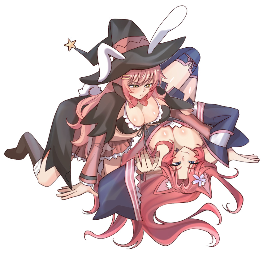 2girls animal_ears artist_request black_cape blue_eyes cape commission commissioner_upload hat highres japanese_clothes kimono looking_at_another lying multiple_girls non-web_source pink_hair pinned pout pulling_another&#039;s_clothes rabbit_ears rabbit_tail sakura_dungeon smug tail witch_bunny_(sakura_dungeon) wizard_hat yomi_(sakura_dungeon) yuri