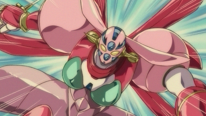 1990s_(style) armor boobplate breastplate emphasis_lines getter_rekka getter_robo getter_robo_daikessen! green_armor highres mecha mecha_focus miroku_(miroku_t) multicolored_armor parody pink_armor retro_artstyle robot robot_girl solo style_parody super_robot upper_body yellow_eyes