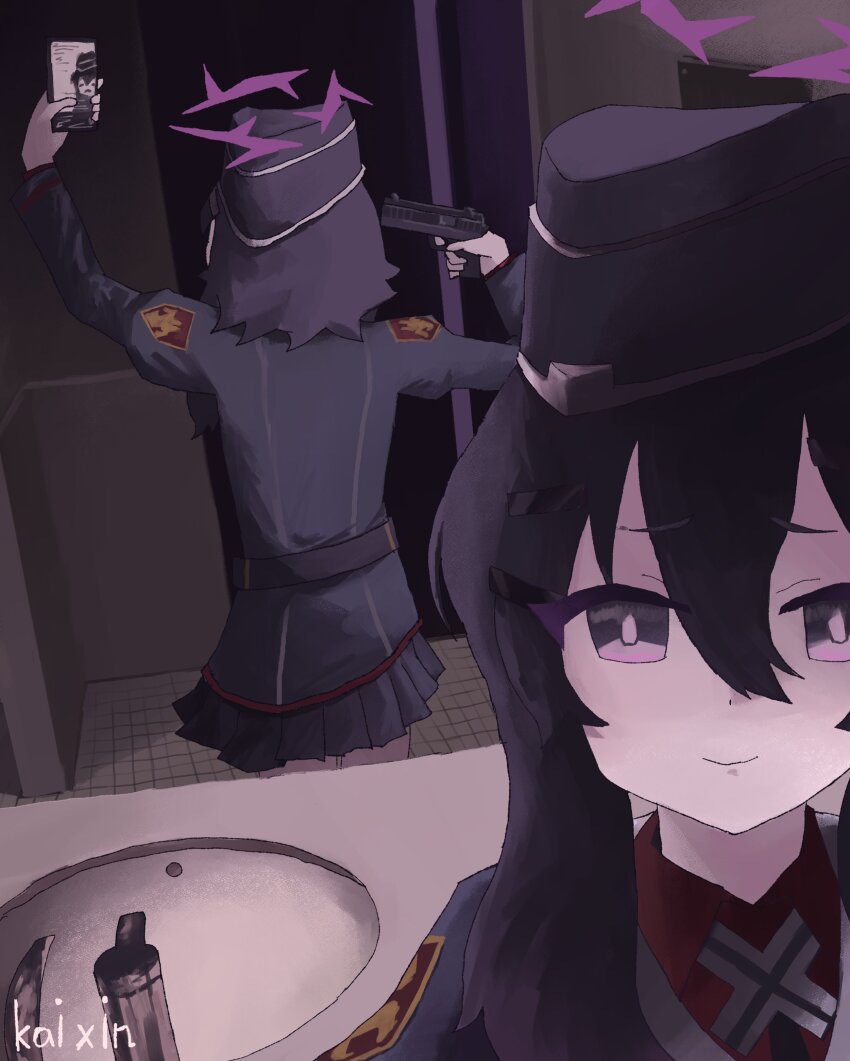 1girl absurdres at_gunpoint blue_archive cellphone finger_on_trigger gun gun_to_head hair_between_eyes hair_ornament hairclip halo handgun haruka_(blue_archive) hat highres holding holding_gun holding_phone holding_weapon kai_xin long_sleeves phone purple_eyes purple_hair public_restroom selfie skirt smartphone taking_picture tile_floor tile_wall tiles weapon