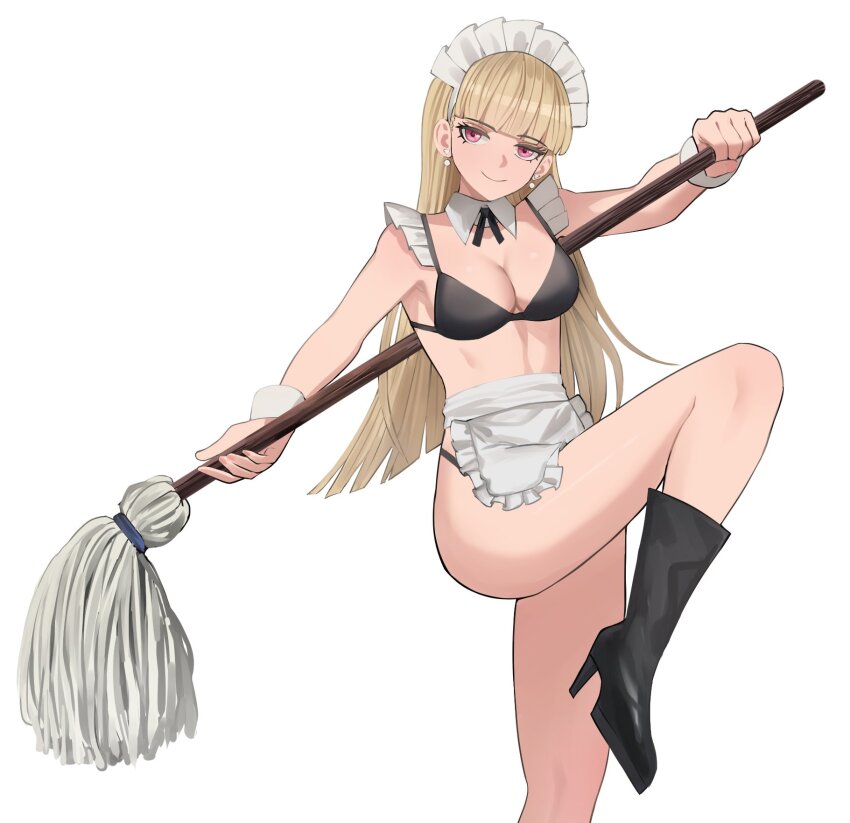 1girl apron bikini black_bikini black_boots blonde_hair boots claire_volikova closed_mouth collar commentary detached_collar earrings english_commentary feet_out_of_frame frilled_apron frills half-closed_eyes high_heel_boots high_heels highres holding holding_mop jewelry jourd4n long_hair maid_headdress mop original pink_eyes simple_background smile solo standing standing_on_one_leg swimsuit very_long_hair waist_apron white_apron white_background white_collar wing_collar wrist_cuffs