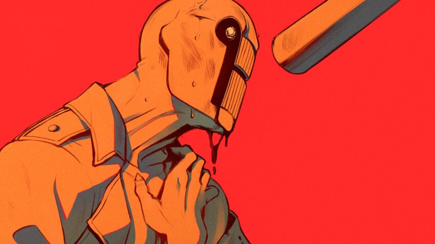 1boy baseball_bat blood blood_from_mouth blood_on_body bruise bruise_on_face collared_jacket commentary dedan_(off) blood_drip hand_on_own_shoulder hashtag-only_commentary highres injury jacket male_focus monster_boy off_(game) profile red_background red_theme simple_background solo sweat sweatdrop tanblaque teeth upper_body white_jacket wide-eyed