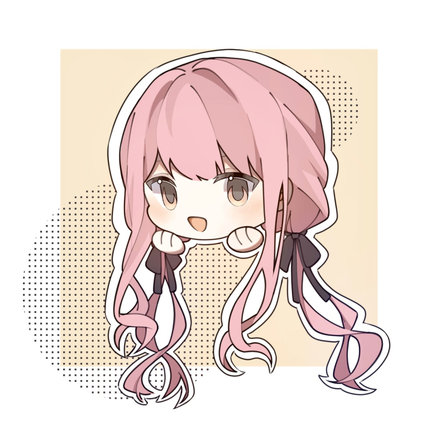 1girl black_bow border bow brown_eyes circle fanfanjiadeayuanjiang hair_bow halftone hands_on_own_cheeks hands_on_own_face head_only infinity_nikki light_blush long_hair long_sidelocks low_twintails nikki_(nikki) nikki_(series) open_mouth outline outside_border pink_hair sidelocks smile solo twintails very_long_hair wavy_hair white_border white_outline yellow_background