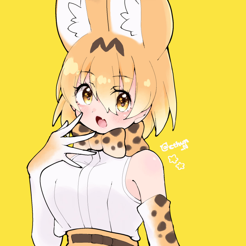 1girl animal_ears bare_shoulders belt blonde_hair bow bowtie cat_ears cat_girl cthun_n elbow_gloves extra_ears fang gloves highres kemono_friends looking_at_viewer open_mouth serval_(kemono_friends) shirt short_hair simple_background skirt sleeveless sleeveless_shirt solo upper_body yellow_background yellow_eyes