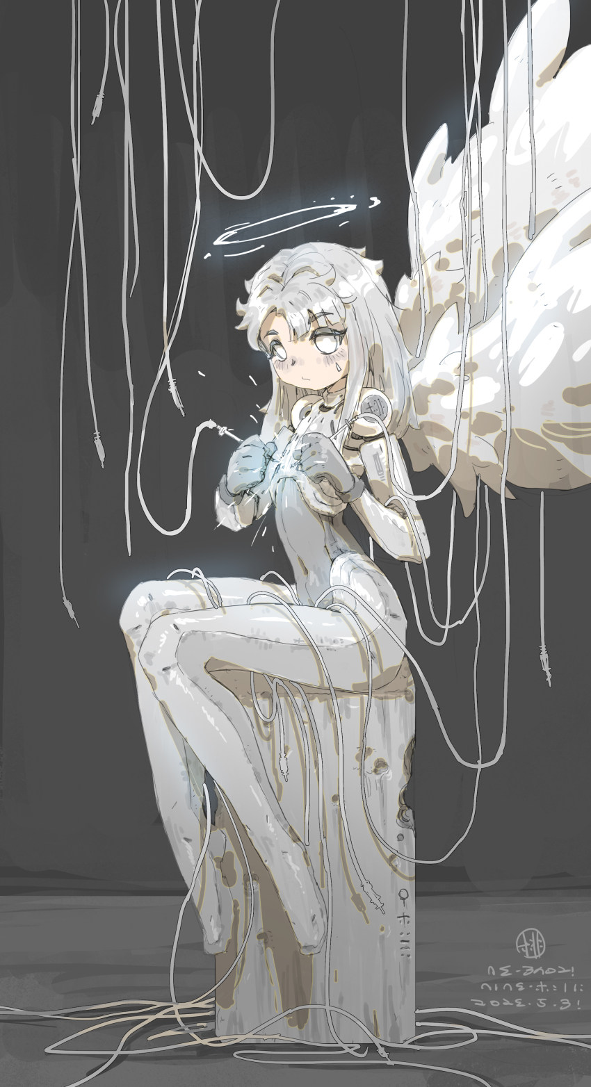 1girl absurdres android angel audio_jack cable dated feathered_wings full_body grey_background grey_hair halo hands_up headphones headphones_around_neck highres holding long_hair looking_at_viewer maintenance mechabare navel ne_baozi on_top_of_pole original sitting solo white_theme wings
