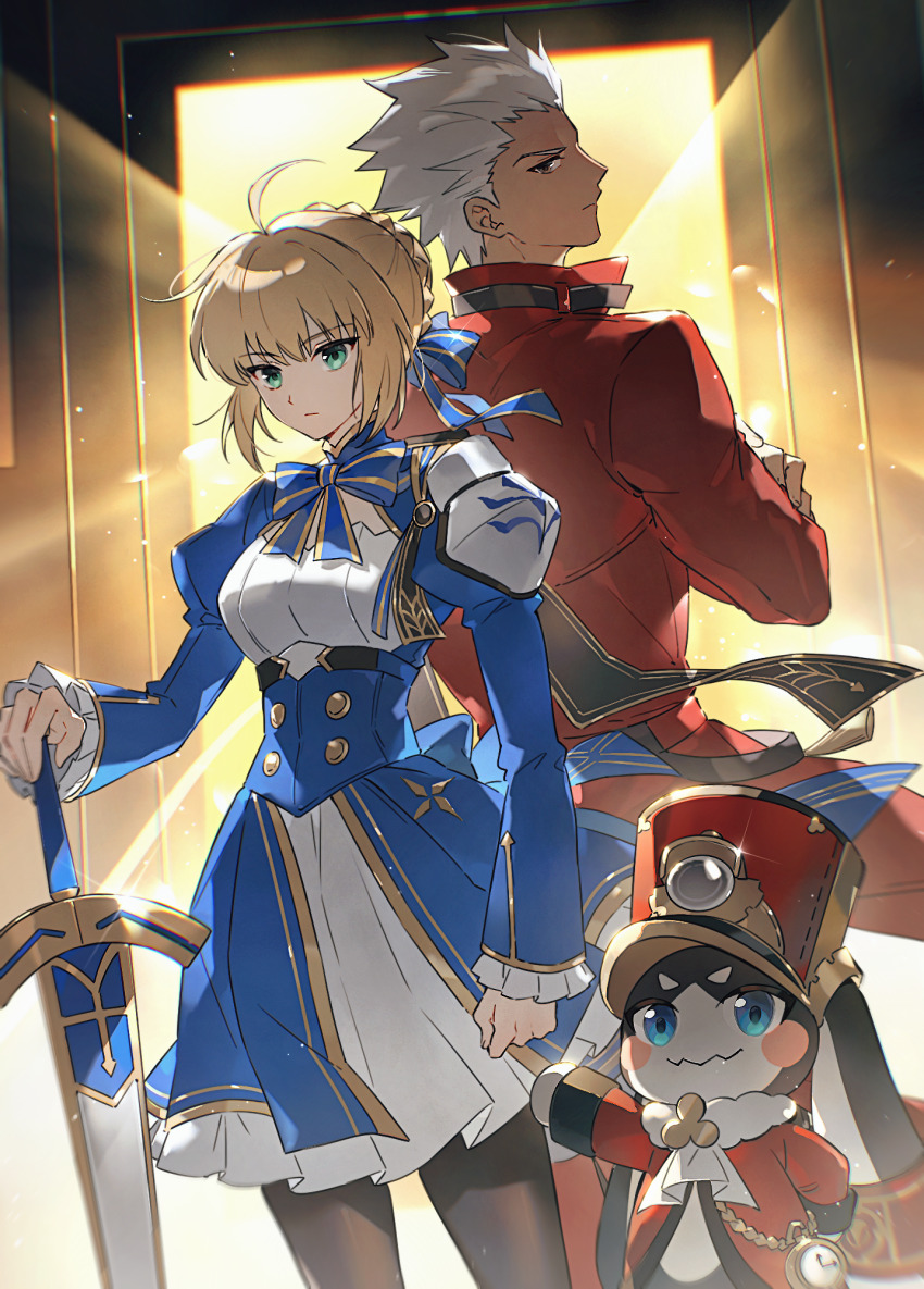 1boy 1girl 1other ahoge archer_(fate) archer_(honkai:_star_rail)_(fate) artoria_pendragon_(fate) astral_express_(honkai:_star_rail) black_pantyhose blonde_hair blue_dress braid braided_bun breasts chinese_commentary coat commentary_request crossover dark-skinned_male dark_skin dress excalibur_(fate/stay_night) fate/stay_night fate_(series) green_eyes hair_bun highres honkai:_star_rail honkai_(series) looking_at_viewer medium_breasts osamu18568716 pantyhose pom-pom_(honkai:_star_rail) red_coat saber_(fate) saber_(honkai:_star_rail)_(fate) sword weapon white_hair