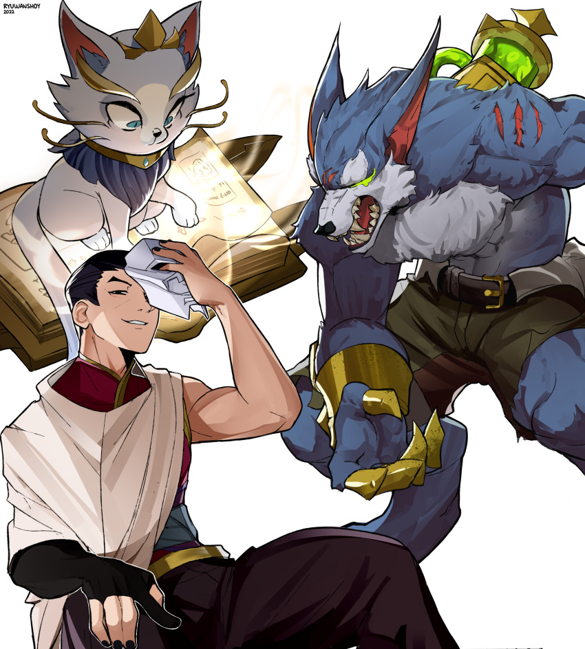 2boys absurdres animal bad_id bad_pixiv_id belt black_belt black_gloves black_hair black_nails black_pants book brown_shorts cat claws fingerless_gloves furry furry_male gloves glowing grin highres holding holding_mask jhin league_of_legends looking_down mask unworn_mask multiple_boys nail_polish open_book open_mouth pants ryu_(ryuwanshoy) sharp_teeth short_hair shorts simple_background single_bare_arm sitting smile teeth tongue warwick werewolf white_background yuumi_(league_of_legends)