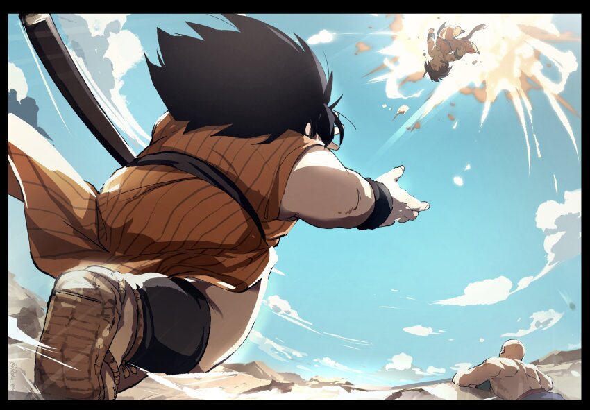 3boys bald black_hair blue_sky cloud commentary dougi dragon_ball dragon_ball_(classic) explosion falling highres lying male_focus monkey_tail multiple_boys on_stomach roku_(roku_0141) sandals sheath sky son_goku tail tenshinhan wristband yajirobe