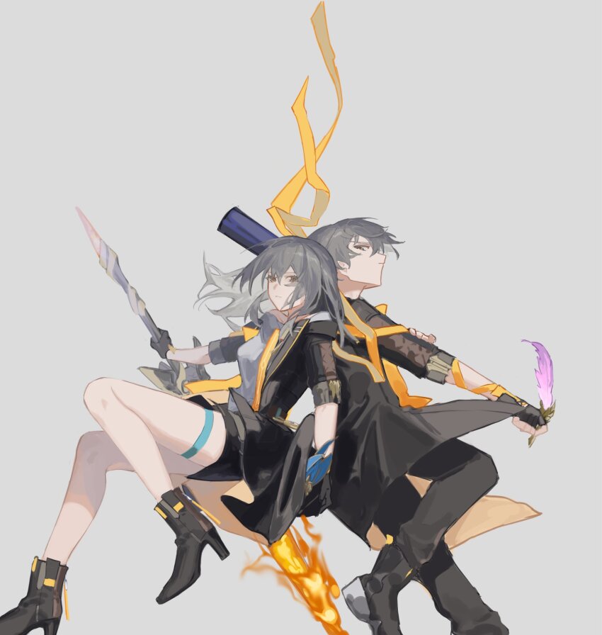 1boy 1girl akaguchi_35 arm_ribbon back-to-back baseball_bat black_boots black_coat black_gloves black_hat black_jacket black_pants black_skirt boots breasts caelus_(honkai:_star_rail) closed_mouth coat dual_persona fingerless_gloves gloves grey_background grey_hair hair_between_eyes hat high_heel_boots high_heels highres holding holding_baseball_bat holding_quill holding_sword holding_unworn_clothes holding_unworn_hat holding_weapon honkai:_star_rail honkai_(series) hood hooded_coat jacket lapels long_hair long_sleeves looking_at_viewer medium_breasts miniskirt open_clothes open_coat open_jacket pants quill ribbon shirt short_hair simple_background sitting skirt stelle_(honkai:_star_rail) sword t-shirt thigh_strap trailblazer&#039;s_hat_(honkai:_star_rail) trailblazer_(honkai:_star_rail) two-sided_coat two-sided_fabric two-sided_jacket unworn_hat unworn_headwear v-shaped_eyebrows weapon white_shirt yellow_coat yellow_eyes yellow_jacket