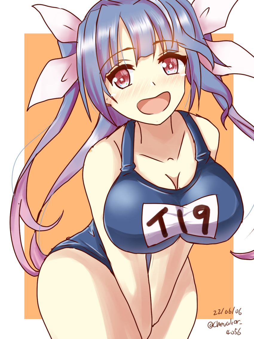1girl between_legs blue_hair blue_one-piece_swimsuit blush breasts cleavage dated flower-shaped_pupils hair_between_eyes hair_ribbon highres i-19_(kancolle) kantai_collection large_breasts name_tag one-piece_swimsuit open_mouth orange_background ribbon sawatani_(chevalier_04056) school_swimsuit solo swimsuit symbol-shaped_pupils tri_tails twitter_username white_background