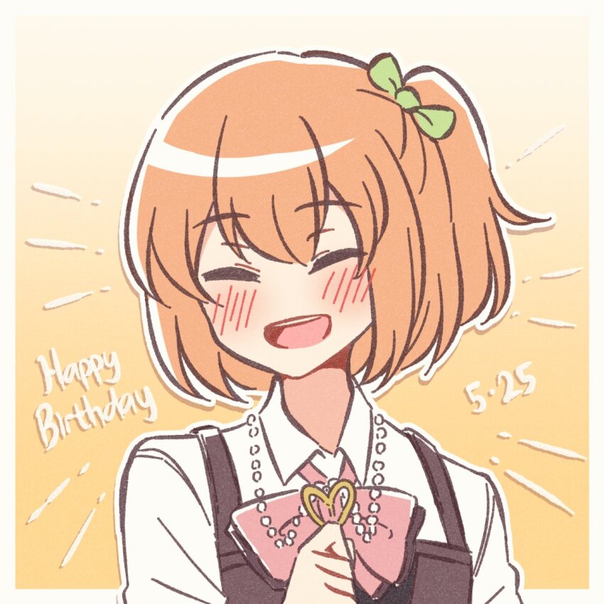 1girl :d =_= akamirai amamiya_sophia_seren arm_at_side assault_lily blush border bow bowtie closed_eyes collared_shirt commentary dated facing_viewer gradient_background green_bow hair_bow hand_up happy_birthday heart heart_necklace highres holding holding_jewelry holding_necklace jewelry ludvico_private_girls&#039;_academy_school_uniform necklace one_side_up open_mouth orange_background orange_hair outline outside_border pendant pink_bow pink_bowtie school_uniform shirt short_hair smile solo suspenders teeth upper_body upper_teeth_only white_border white_outline white_shirt