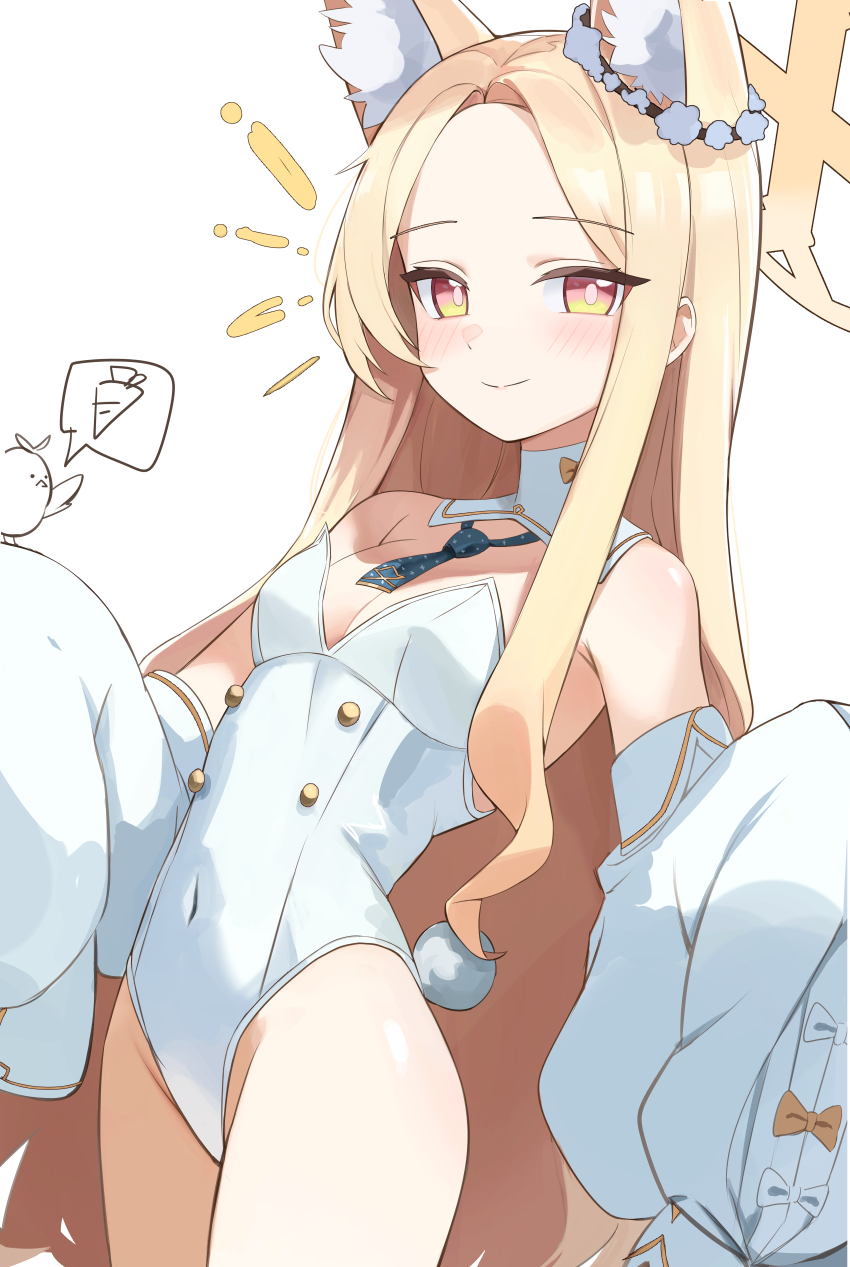 1girl absurdres animal_ear_fluff animal_ears bare_shoulders bird blonde_hair blue_archive blush breasts closed_mouth collar covered_navel cross_halo detached_collar detached_sleeves ear_wreath extra_ears flower_wreath forehead fox_ears fox_girl gradient_eyes halo highres leotard long-tailed_tit long_hair looking_at_viewer multicolored_eyes necktie parted_bangs playboy_bunny seia_(blue_archive) seulpeunna simple_background sleeve_bow sleeves_past_fingers sleeves_past_wrists small_breasts smile solo strapless strapless_leotard thighs tit_(bird) white_bird white_collar white_leotard yellow_halo