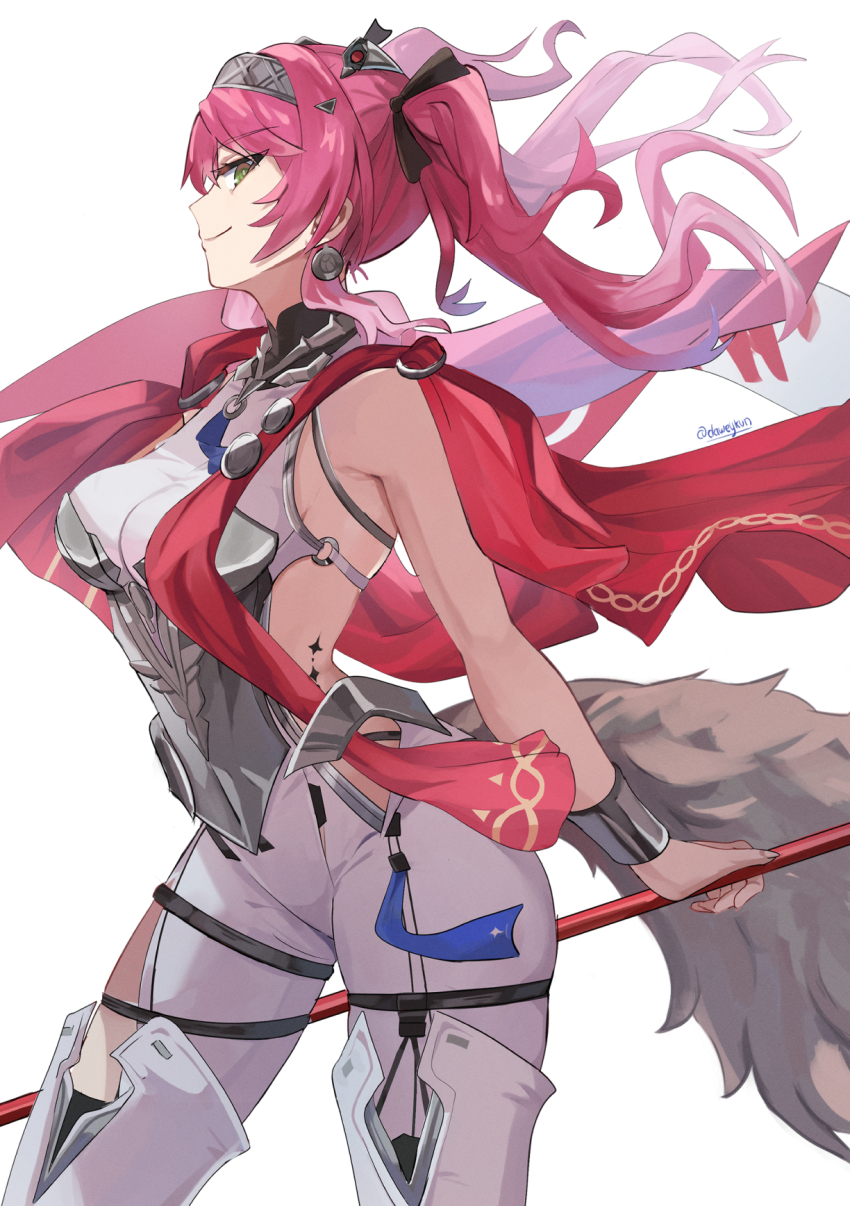 1girl armor boots commentary cowboy_shot cuirass daweykun english_commentary from_side hairband highres long_hair lupa_(wuthering_waves) pants red_hair sideways_glance simple_background smile solo tacet_mark_(wuthering_waves) tail thigh_boots twitter_username white_background white_boots white_pants wolf_girl wolf_tail wuthering_waves yellow_eyes