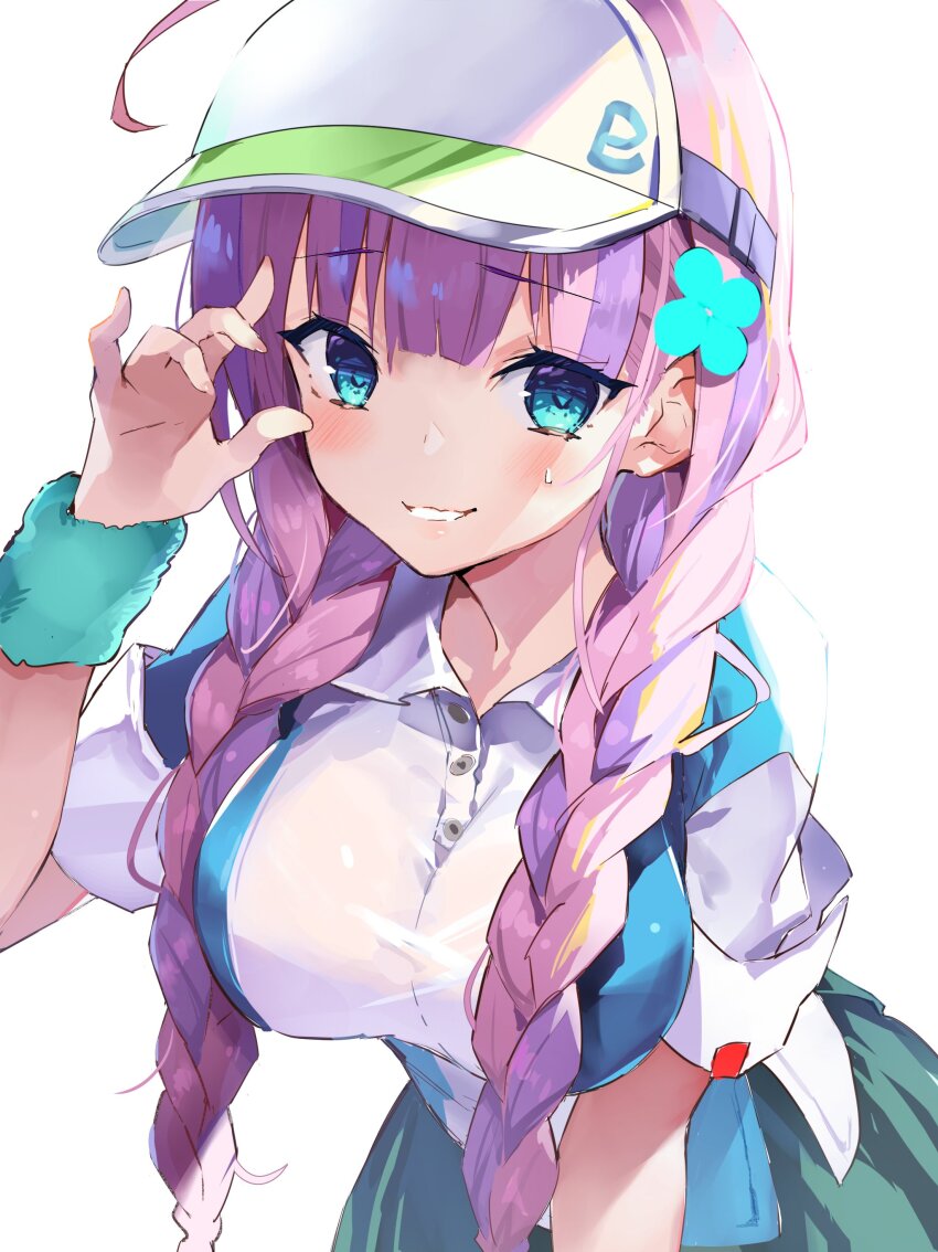 1girl absurdres ahoge aoi_momo aqua_eyes braid breasts clover_hair_ornament date_akari hair_ornament heaven_burns_red highres large_breasts long_hair looking_at_viewer multicolored_hair pleated_skirt purple_hair short_sleeves skirt solo sportswear streaked_hair sweatdrop teeth tennis_uniform twin_braids visor_cap white_background wristband