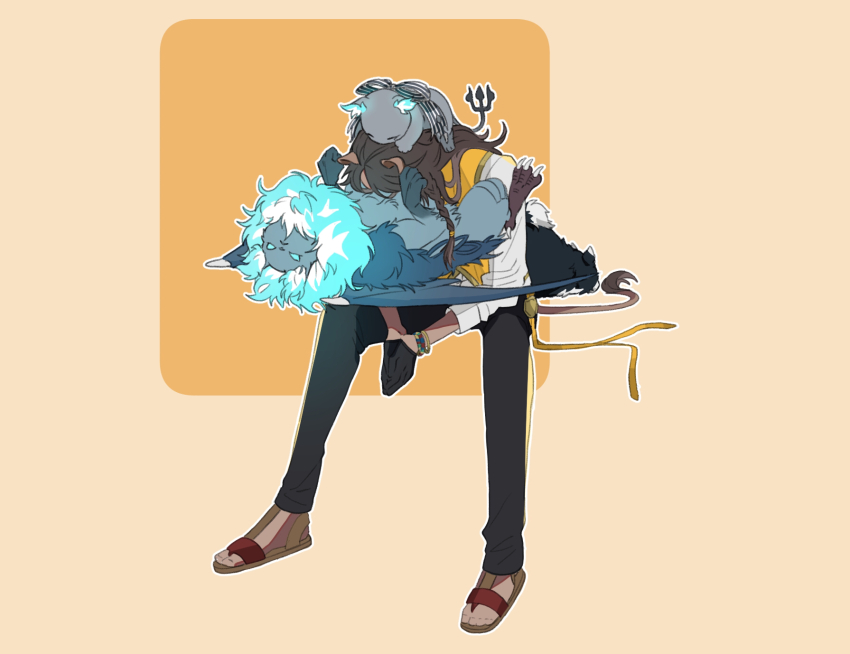 1boy animal animal_ears brown_hair cat chimera chimera_(twisted_wonderland) commentary_request creature creature_on_head dragon_wings full_body grim_(twisted_wonderland) highres invisible_chair leona_kingscholar lion_boy lion_ears lion_tail long_hair lucius_(twisted_wonderland) male_focus neck_fire night_raven_college_uniform orange_background raccoonlot sandals school_uniform sitting solo tail twisted_wonderland vest wings yellow_vest