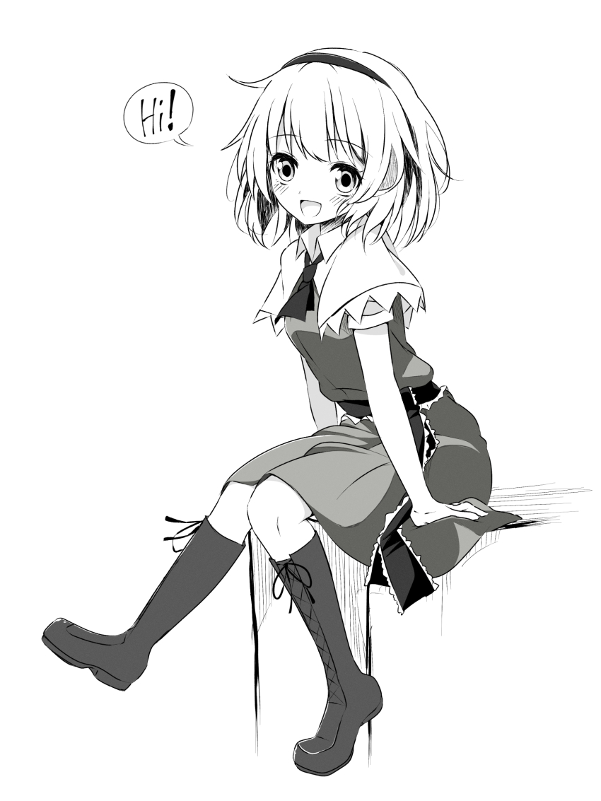 1girl alice_margatroid blush boots capelet commentary dress english_text frilled_sash greyscale hairband highres looking_at_viewer medium_hair monochrome open_mouth sash short_sleeves sitting smile solo touhou tsuukinkaisoku_oomiya waist_sash