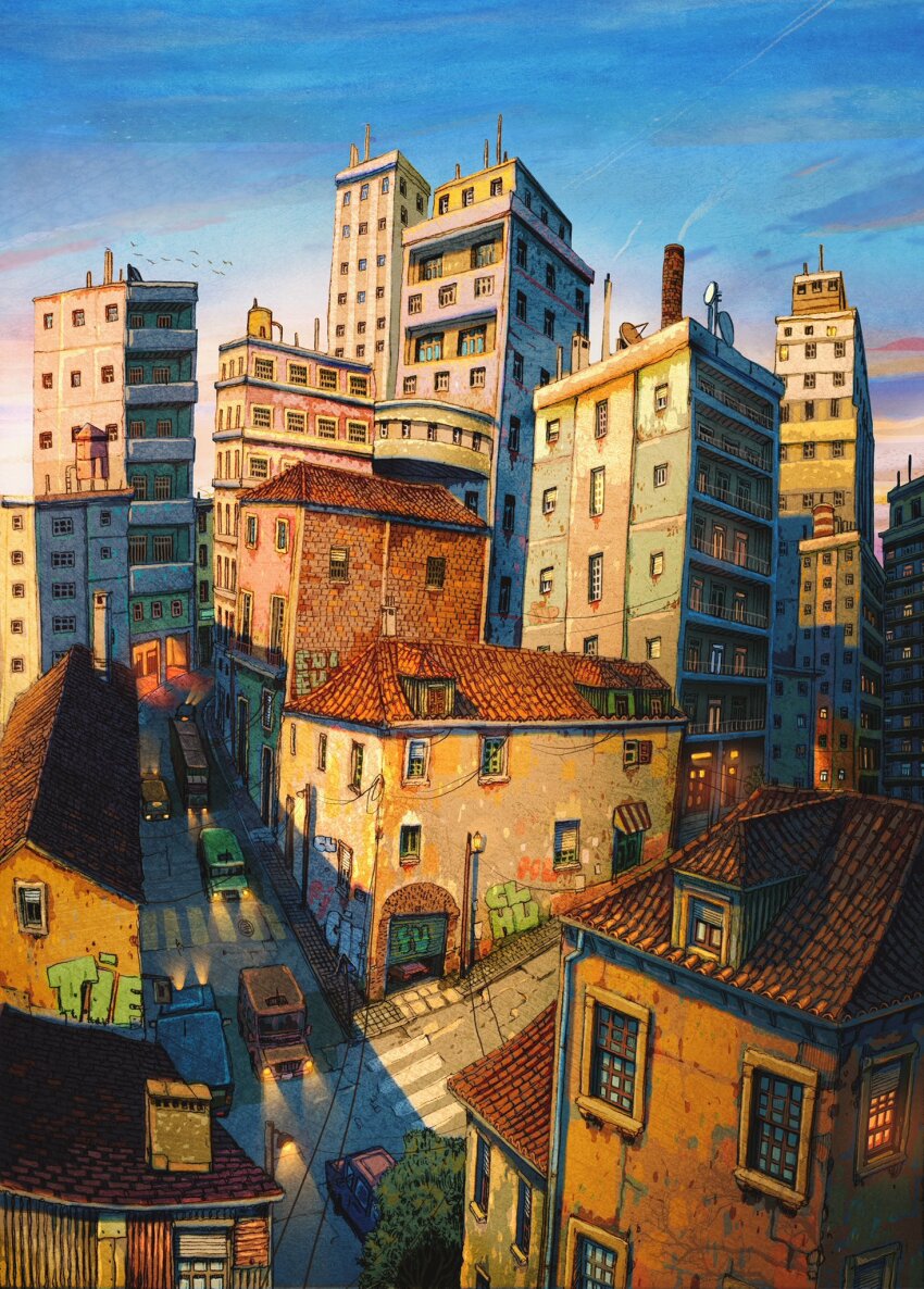 apartment bird chimney crosswalk francisco_fonseca garage_door graffiti headlight_beam highres house motor_vehicle original power_lines rooftop satellite_dish sidewalk tree truck urban van water_tower