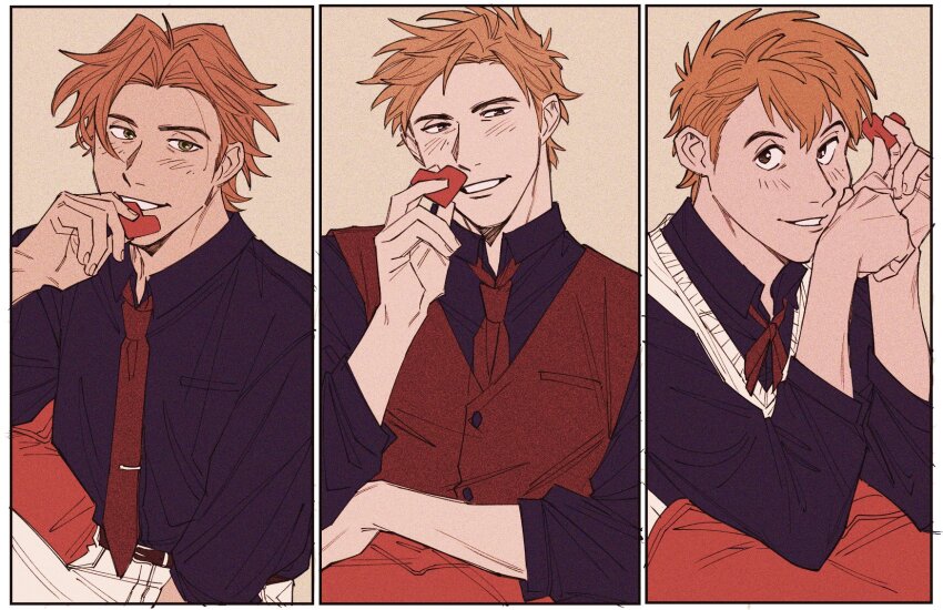 3boys belt black_shirt brown_belt brown_eyes collared_shirt heart highres holding holding_heart humanization long_sleeves looking_at_viewer male_focus multiple_boys neck_ribbon necktie nick_wilde orange_hair pants parted_lips red_necktie red_ribbon red_vest ribbon robin_hood_(disney_character) robin_hood_(disney_movie) shirt short_hair sitting species_connection sweater_vest the_fox_and_the_hound tie_clip tod_(the_fox_and_the_hound) uochandayo vest white_pants white_sweater_vest zootopia