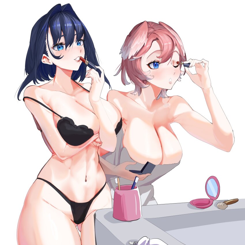 2girls absurdres applying_makeup applying_own_makeup black_bra black_hair black_panties blue_eyes bra breasts cleavage cosmetics daaku_(koizumi_arata) gluteal_fold hair_intakes hand_mirror head_wings highres hololive hololive_english large_breasts lipstick lipstick_tube makeup makeup_brush mirror multiple_girls ouro_kronii panties pink_hair pink_wings takane_lui toothbrush towel underwear virtual_youtuber wings