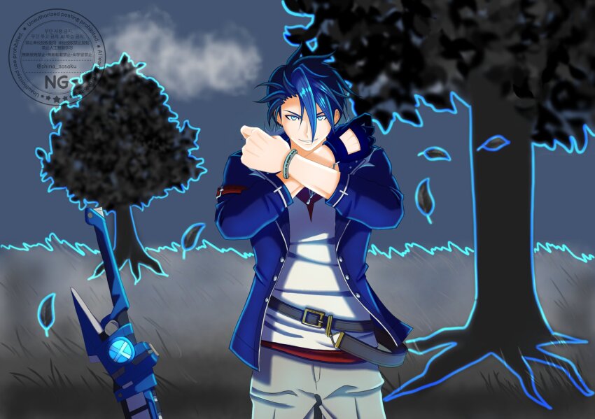 1boy artist_request black_hair blue_eyes blue_hair bracelet crossed_arms dog_tags eiyuu_densetsu falling_leaves glove_cutout gloves grin hair_between_eyes hair_slicked_back highres jacket jewelry kuro_no_kiseki_(series) leaf looking_at_viewer male_focus multicolored_hair open_clothes open_jacket outdoors planted planted_sword planted_weapon single_glove smile solo sword two-tone_hair upper_body van_arkride weapon