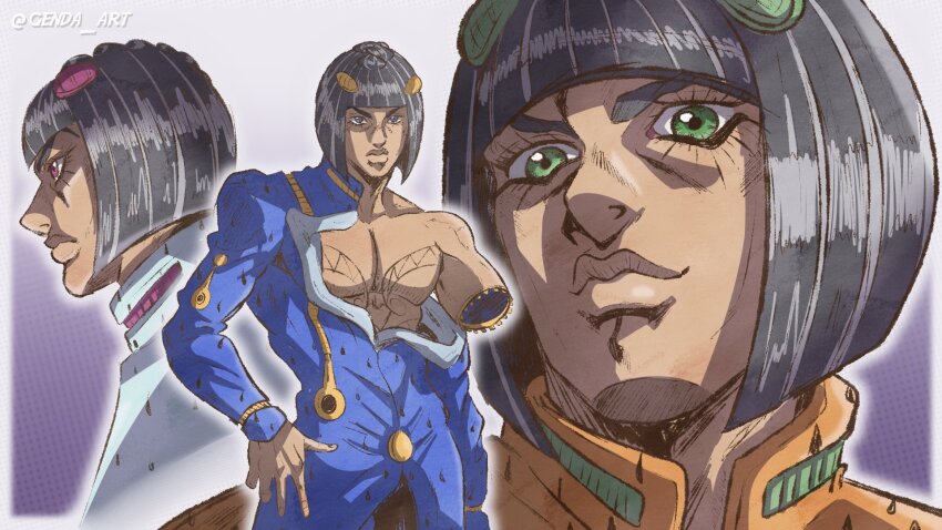 1boy black_hair blunt_bangs bob_cut bruno_bucciarati commentary english_commentary genda_art hair_ornament hairclip highres jojo_no_kimyou_na_bouken male_focus pectorals short_hair smile vento_aureo zipper zipper_pull_tab