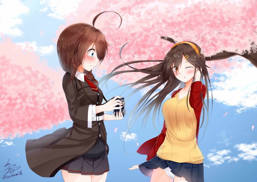 2girls ahoge alternate_costume blue_eyes blush brown_hair camera cherry_blossoms coat commentary_request hair_ornament hairband hairclip haruna_(kancolle) highres kantai_collection long_hair multiple_girls namikawa_kuroha necktie one_eye_closed orange_eyes panties pantyshot pleated_skirt remodel_(kantai_collection) shigure_(kancolle) shigure_(sasebo_2018)_(kancolle) signature skirt standing sweater twin-lens_reflex_camera twitter_username underwear white_panties wind wind_lift
