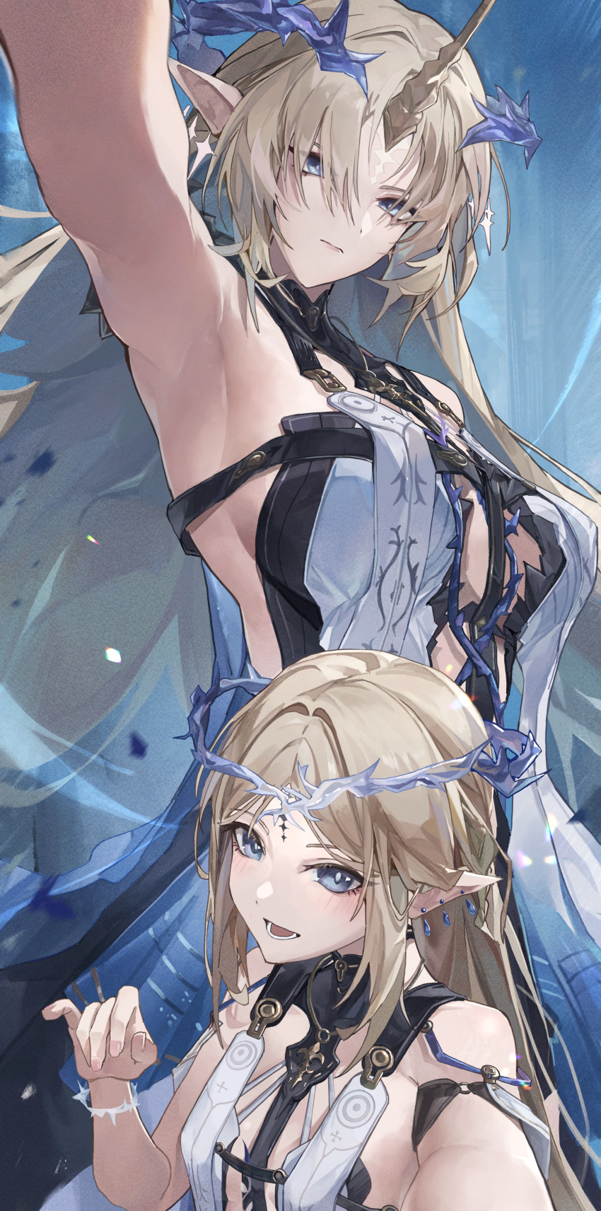 2girls absurdres armpits bare_shoulders black_collar black_dress blonde_hair blue_eyes blue_hair breasts cartethyia_(wuthering_waves) closed_mouth collar colored_inner_hair commentary crown_of_thorns dress dual_persona earrings fleurdelys_(wuthering_waves) floating_earrings hand_up highres horns jewelry large_breasts looking_at_viewer megu_(jim48834420) multicolored_hair multiple_girls necklace open_mouth outstretched_arms parted_bangs pointy_ears sidelocks single_horn small_breasts smile tacet_mark_(wuthering_waves) wuthering_waves yellow_horns