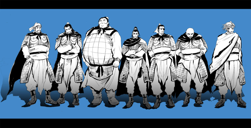6+boys armor bald beard black_hair cao_cao cao_hong cao_ren cape chinese_clothes eyepatch facial_hair goatee highres lineup male_focus monochrome multiple_boys mustache scale_armor simple_background souten_kouro topknot xiahou_dun xiahou_yuan xu_chu yanakishi zhang_liao