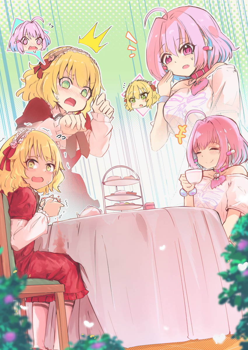 2girls absurdres blonde_hair body_switch commission cup dress green_eyes highres icarus_(2010741) idolmaster idolmaster_cinderella_girls multiple_girls open_mouth personality_switch pink_eyes pink_hair pixiv_commission red_dress sakurai_momoka surprised table yumemi_riamu