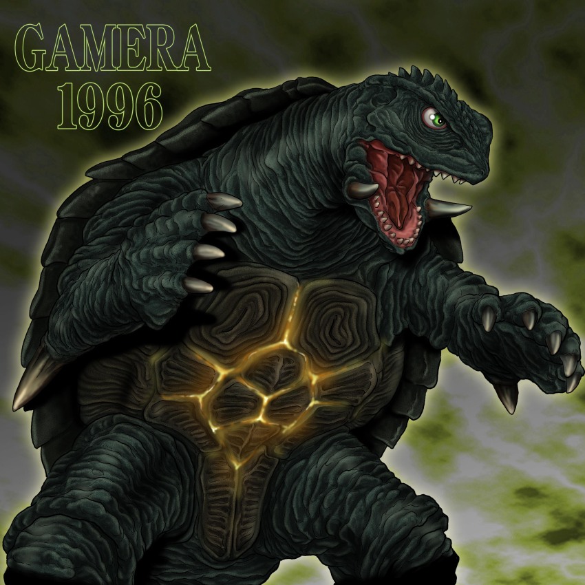 absurdres character_name claws daiei_film elbow_blade elbow_spikes gamera gamera_(series) gamera_2:_attack_of_legion glowing glowing_veins green_background green_eyes highres kaiju no_humans open_mouth roaring satoru33 simple_background teeth tongue turtle tusks veins