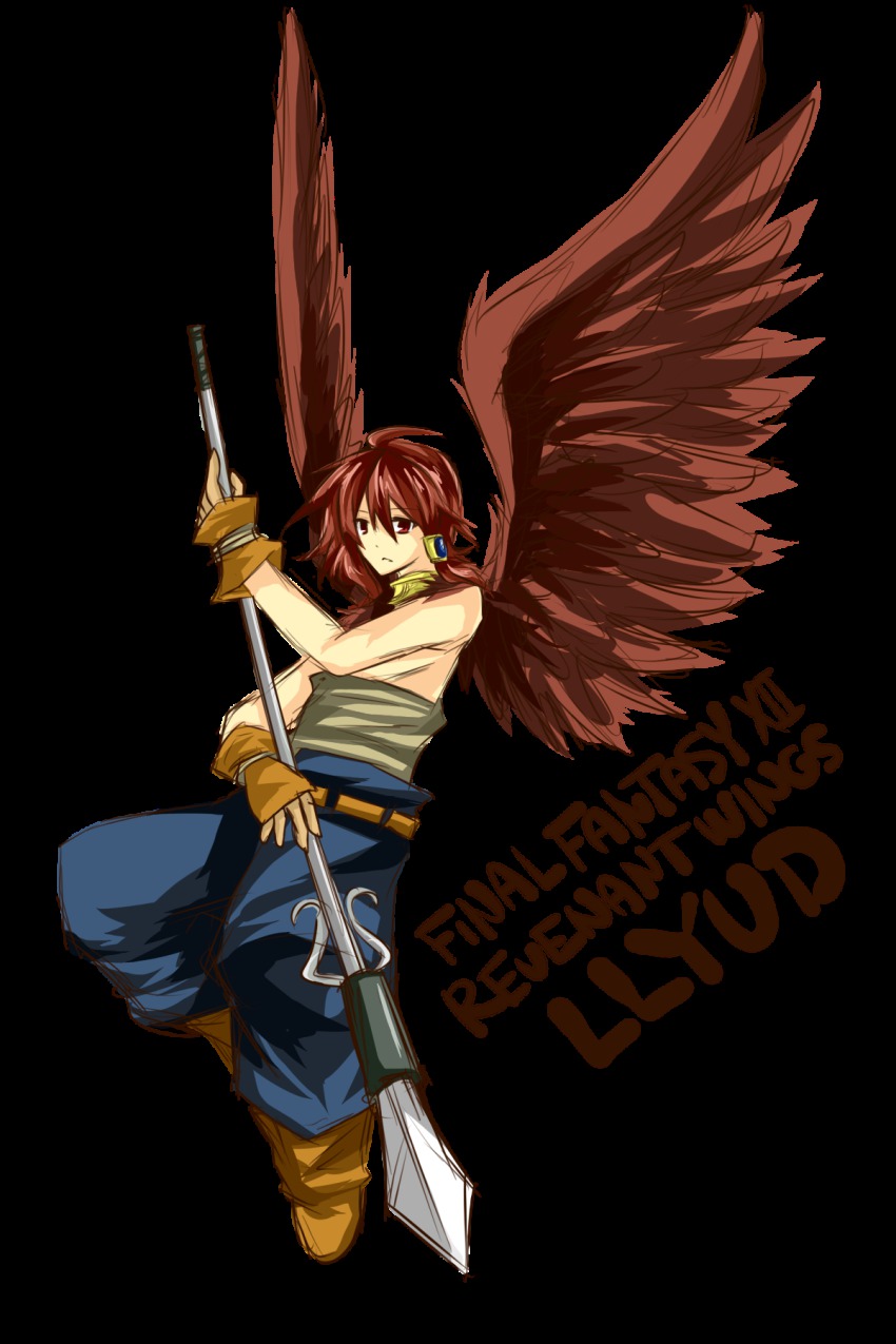 00s 1boy aegyl final_fantasy final_fantasy_xii final_fantasy_xii_revenant_wings flying gloves highres jewelry llyud male_focus monster_boy polearm red_eyes red_hair spear weapon wings