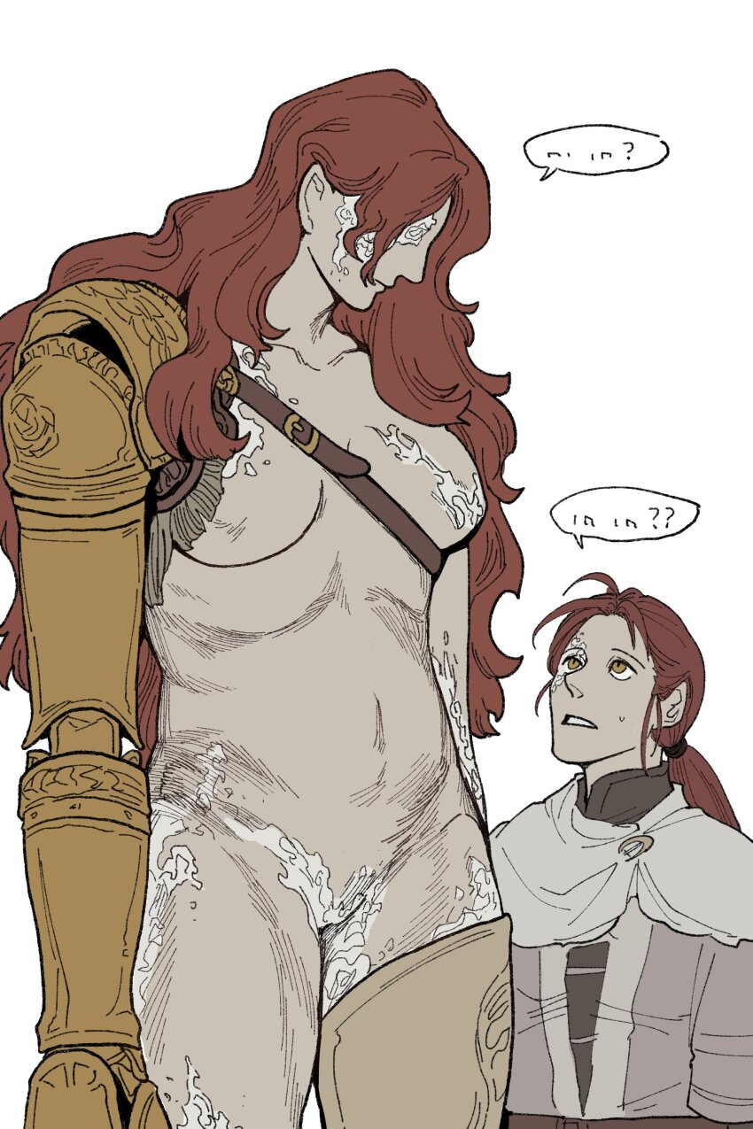 2girls absurdres boned-woo cowboy_shot elden_ring height_difference highres long_hair malenia_blade_of_miquella millicent_(elden_ring) multiple_girls orange_eyes prosthesis prosthetic_arm red_hair simple_background speech_bubble upper_body white_background