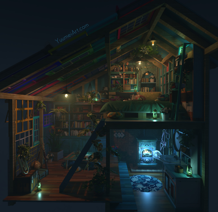 3d bed bicycle book book_stack bookshelf brick_wall ceiling_light cross-section faucet fire furnace hanging_plant highres instrument instrument_request ladder lantern mirror night no_humans original pillow plant pot-holder potted_plant rug scenery sink telescope treasure_chest watermark web_address window wooden_floor yuumei
