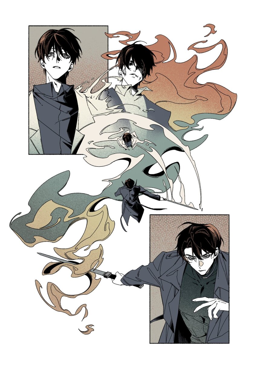 2boys bags_under_eyes benkdjjituibot black_coat black_eyes black_hair black_shirt coat collared_shirt colored_smoke hair_between_eyes highres holding holding_sword holding_weapon inset_border kim_dokja multiple_boys multiple_views omniscient_reader&#039;s_viewpoint open_mouth outstretched_hand scratches shirt short_hair smoke smoke_trail swing sword weapon white_background white_coat white_shirt yoo_joonghyuk