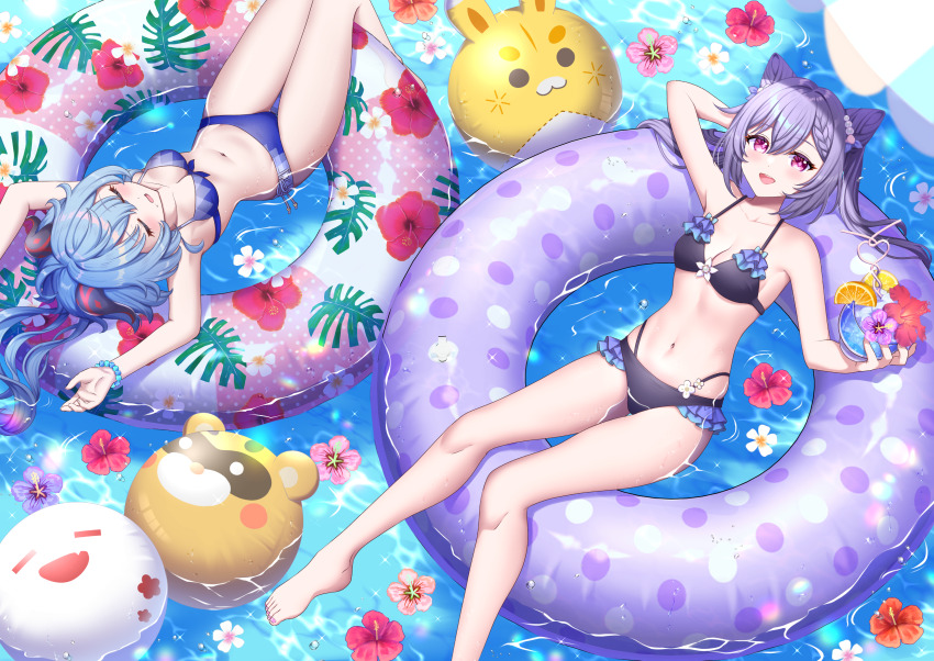 2girls :d absurdres ahoge arm_behind_head arms_up bikini black_bra black_panties blue_bikini blue_hair blue_panties boo_tao_(genshin_impact) bra bracelet breasts character_print cleavage closed_eyes commentary_request cone_hair_bun cup diamond-shaped_pupils diamond_(shape) drinking_straw english_text feet_out_of_frame flower food fruit furina_(genshin_impact) ganyu_(genshin_impact) genshin_impact guoba_(genshin_impact) hair_between_eyes hair_bun highres holding holding_cup innertube jewelry keqing_(genshin_impact) light_blue_hair light_blush long_hair looking_at_viewer medium_breasts midriff multiple_girls navel on_innertube open_mouth orange_(fruit) orange_slice panties parted_lips pink_flower purple_hair red_eyes red_flower smile stomach swim_ring swimsuit symbol-shaped_pupils tateko25wiz teeth twintails underwear upper_teeth_only water white_flower yuegui_(genshin_impact)
