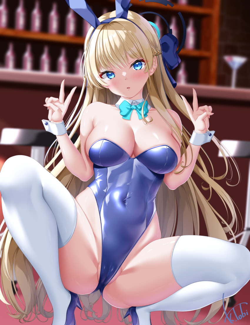 1girl :o animal_ears bar_counter bar_stool bare_shoulders blonde_hair blue_archive blue_bow blue_eyes blue_halo blue_leotard bow braid breasts cameltoe cleavage cup detached_collar double_v drinking_glass fake_animal_ears hair_bow half_up_braid halo high_heels highleg highleg_leotard highres indoors kogarashi_tobi large_breasts leotard long_hair looking_at_viewer official_alternate_costume official_alternate_hairstyle partially_visible_vulva playboy_bunny purple_shoes rabbit_ears shoes signature solo spread_legs squatting stool strapless strapless_leotard thighhighs thighs toki_(blue_archive) toki_(bunny)_(blue_archive) v white_thighhighs wine_glass wrist_cuffs