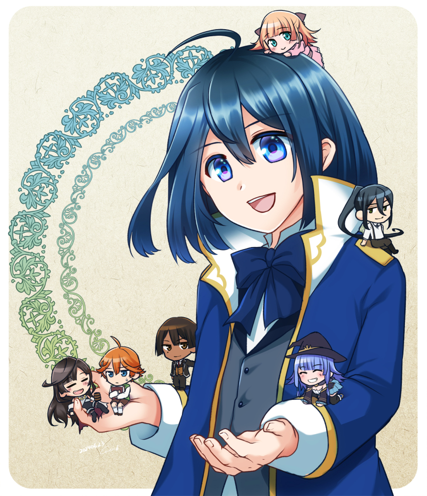 3girls 4boys ahoge ars_louvent blue_eyes blue_hair blue_jacket blue_ribbon charlotte_wraith chibi dark-skinned_male dark_skin fam_(kantei_skill_nariagaru) grey_vest hair_between_eyes highres jacket looking_at_viewer lycia_plaid medium_hair mireille_grangeon multiple_boys multiple_girls mutsuki_yui neck_ribbon open_mouth ribbon rietz_muses rosell_kischa simple_background smile teeth tensei_kizoku_kantei_skill_de_nariagaru upper_body upper_teeth_only vest