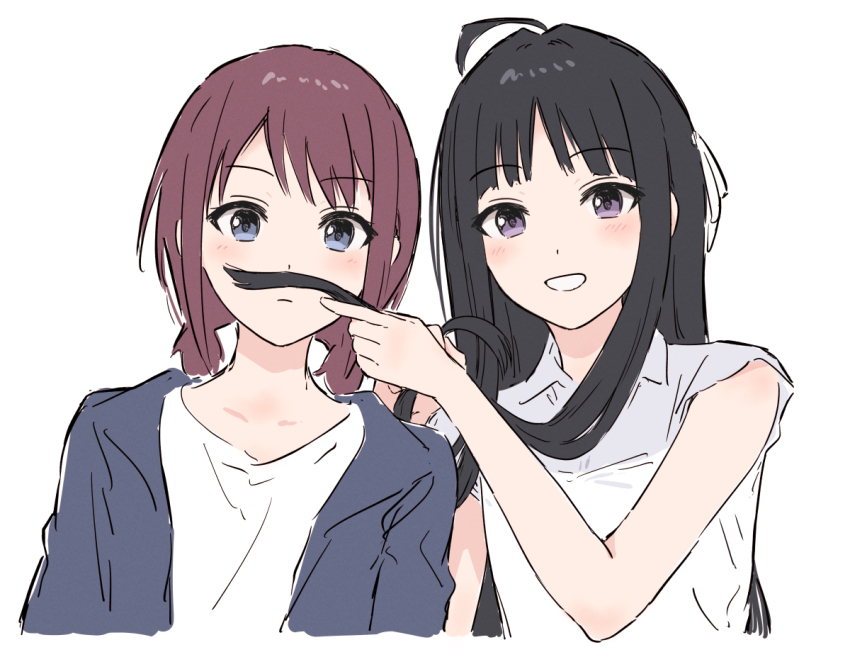 2girls ahoge awa_subaru black_hair blue_eyes blue_jacket brown_hair bullfalk fake_facial_hair fake_mustache girls_band_cry hair_ribbon iseri_nina jacket long_hair low_twintails multiple_girls purple_eyes ribbon shirt short_hair short_sleeves short_twintails sidelocks simple_background twintails upper_body white_background white_ribbon white_shirt