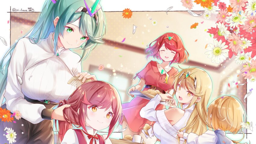 alternate_costume breasts glimmer_(xenoblade) highres large_breasts multiple_girls pneuma_(xenoblade) ponytail pyra_(xenoblade) ui_frara xenoblade_chronicles_(series) xenoblade_chronicles_2 xenoblade_chronicles_3 xenoblade_chronicles_3:_future_redeemed